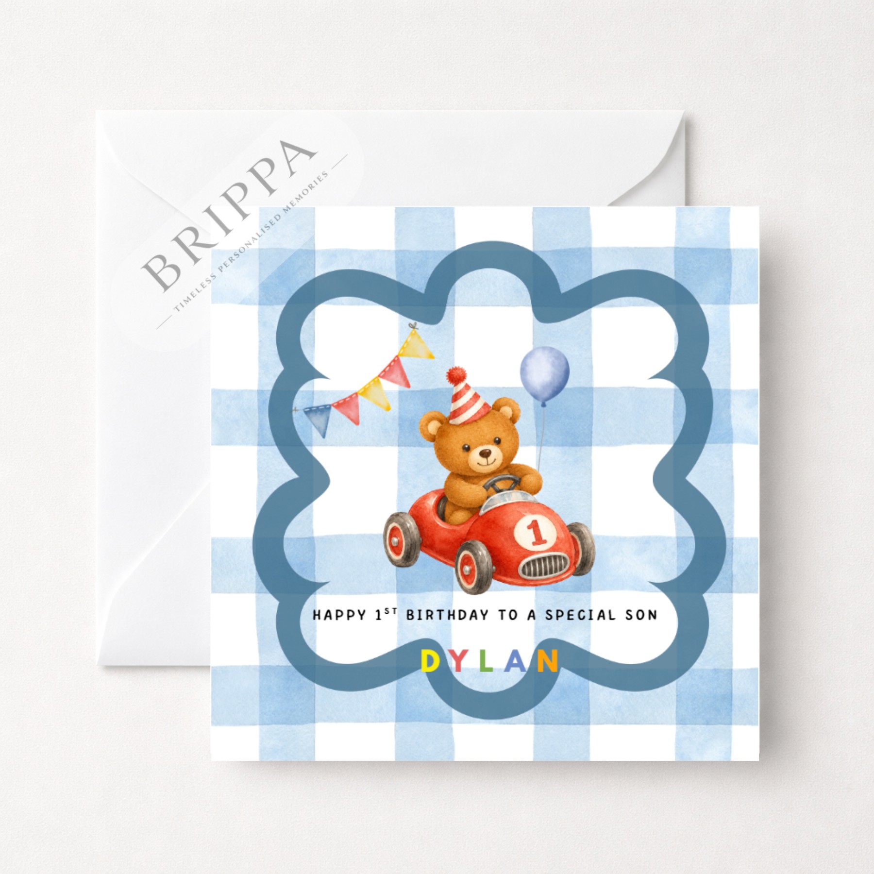 Personalised 1st Birthday Bear in a Car Card